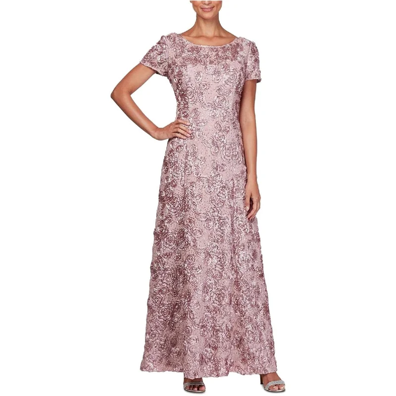 Alex Evenings Womens Rosette Sequin Lace Gown Dress, Pink, 16W Long Sleeve Sequin