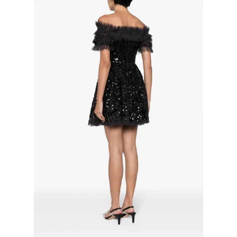 Needle & Thread Sequin Wreath Off-Shoulder Micro Mini Dress, Graphite Black Sequin Dress