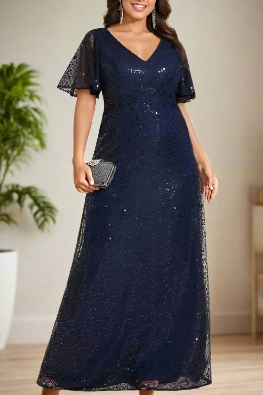 Sequins A-Line V-Neck Short Sleeves Mother of The Bride Dresses Backless Sequin Dress