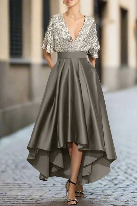 Asymmetrical Sequins Deep V-Neck Half Sleeves Mother of The Bride Dresses Sequin Bodycon Dress