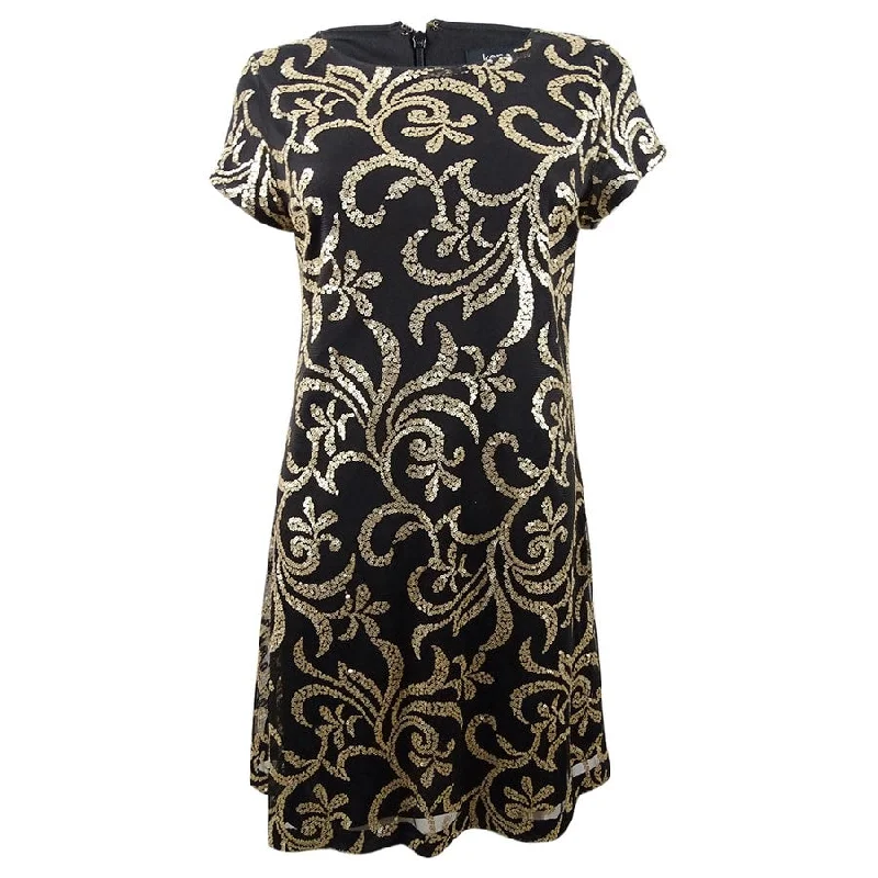 Kensie Women's Sequined Scroll T-Shirt Dress Sequin Fit Dress