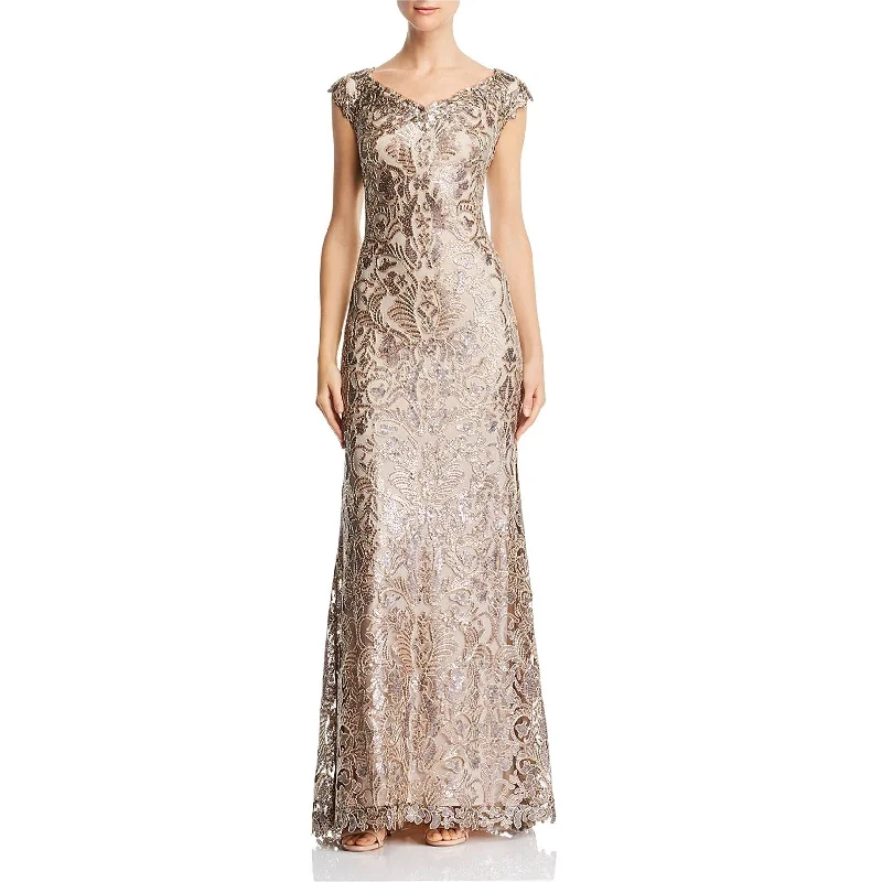 Tadashi Shoji Womens Embroidered Sequin A-line Dress, Brown, 2 Long Sleeve Sequin