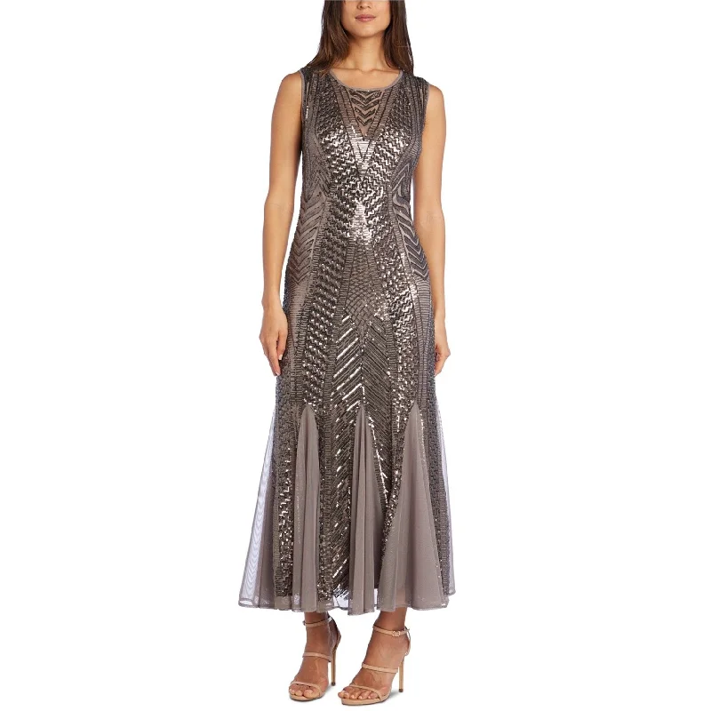 R & M Richards Womens Godet Sequined Gown Dress, Brown, 8 Sequin Shift Gown