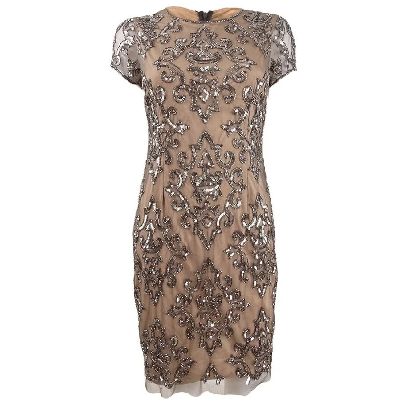 Adrianna Papell Women's Damask Sequined Mesh Dress (4, Lead) Sequin Dress Party