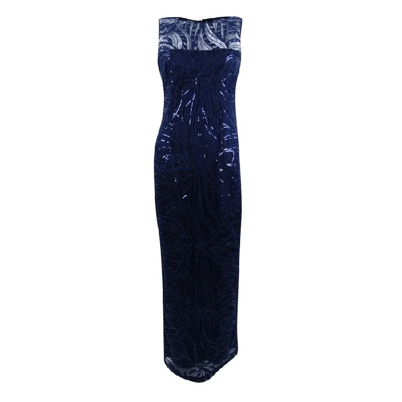 Tahari ASL Women's Embroidered Sequined Illusion Gown Party Wear Sequin