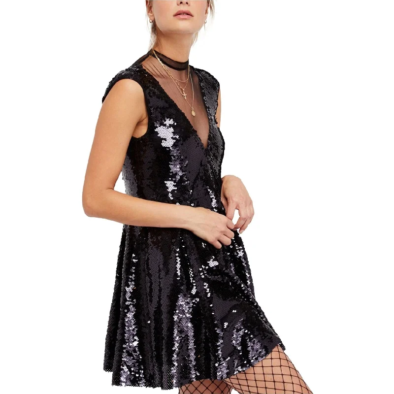 Free People Womens Sequined Illusion Fit & Flare Dress, Black, X-Small Classy Sequin Dress