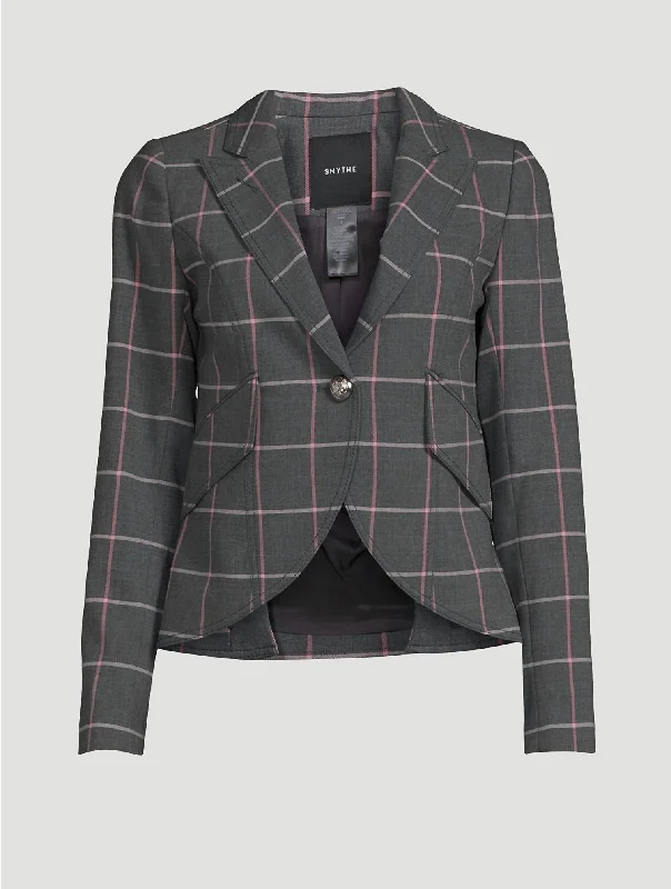 One Button Plaid Blazer In Grey Blazer with Pockets