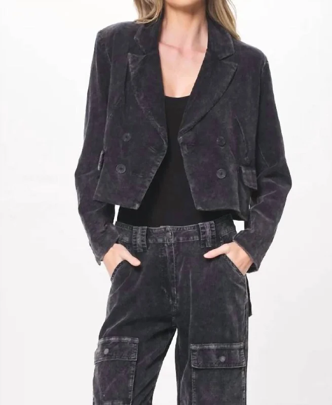 Cropped Cord Blazer W/ Cargo Pocket In Black Stylish Fitted Blazer