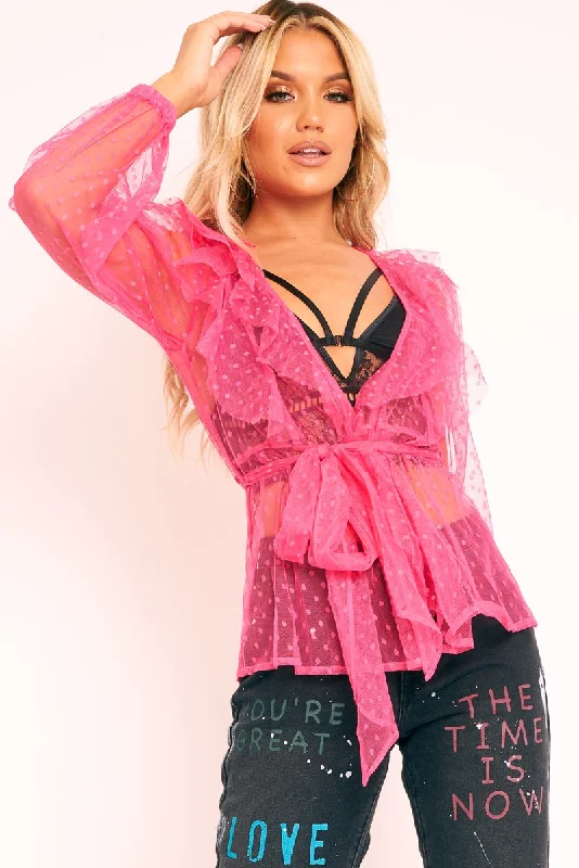 Pink Polka Mesh Long Sleeve Ruffle Blouse - Lattie