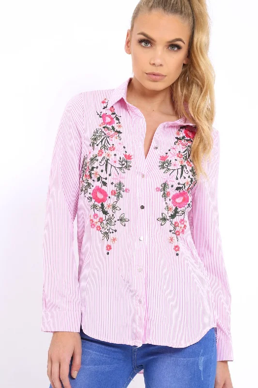 Pink Striped Floral Embroidered Shirt - Gianna