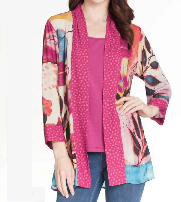 Crinkle Kimono Jacket In Floral Print Single Button Blazer