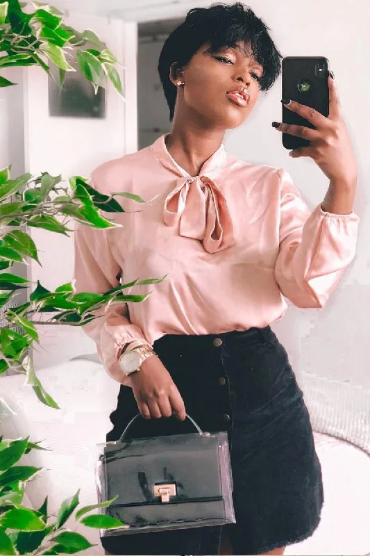 Pink Satin Tie Front Long Sleeve Blouse - Cherie