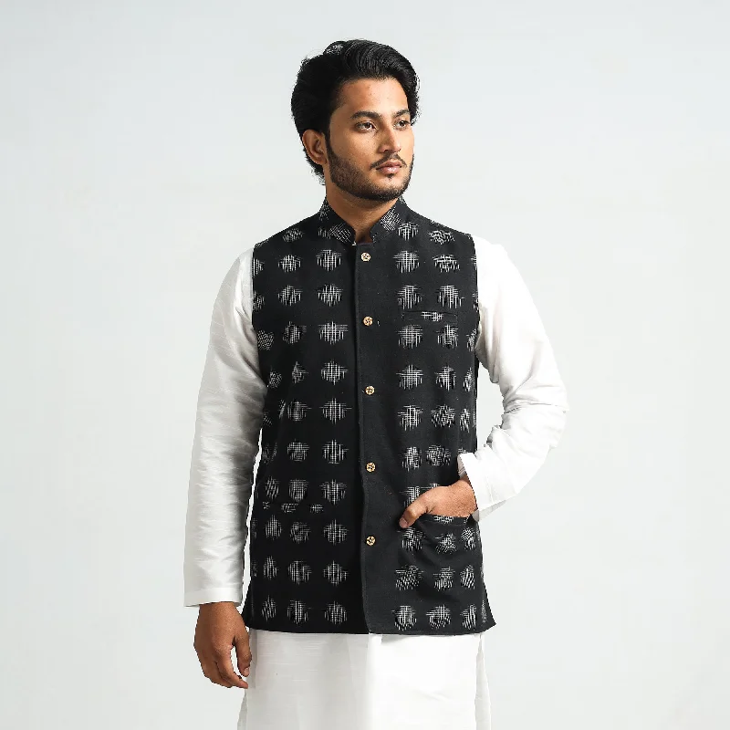 Women's motorcycle jacketsBlack - Pochampally Double Ikat Handloom Cotton Men Nehru Jacket Women's motorcycle jackets