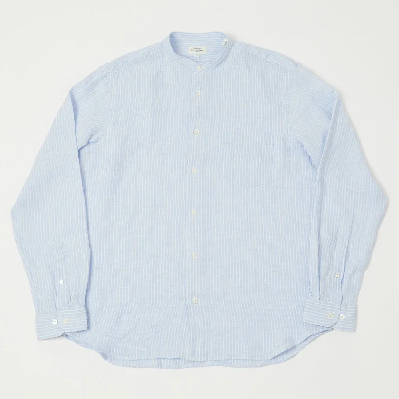 Hartford Premium Pat Grandad-Collar Linen Shirt - Blue Stripe