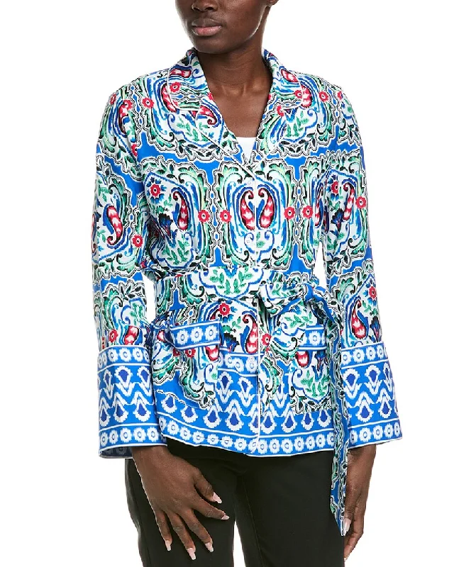 Gracia Colorful Abstract Print Waist Tie Jacket Lightweight Work Blazer