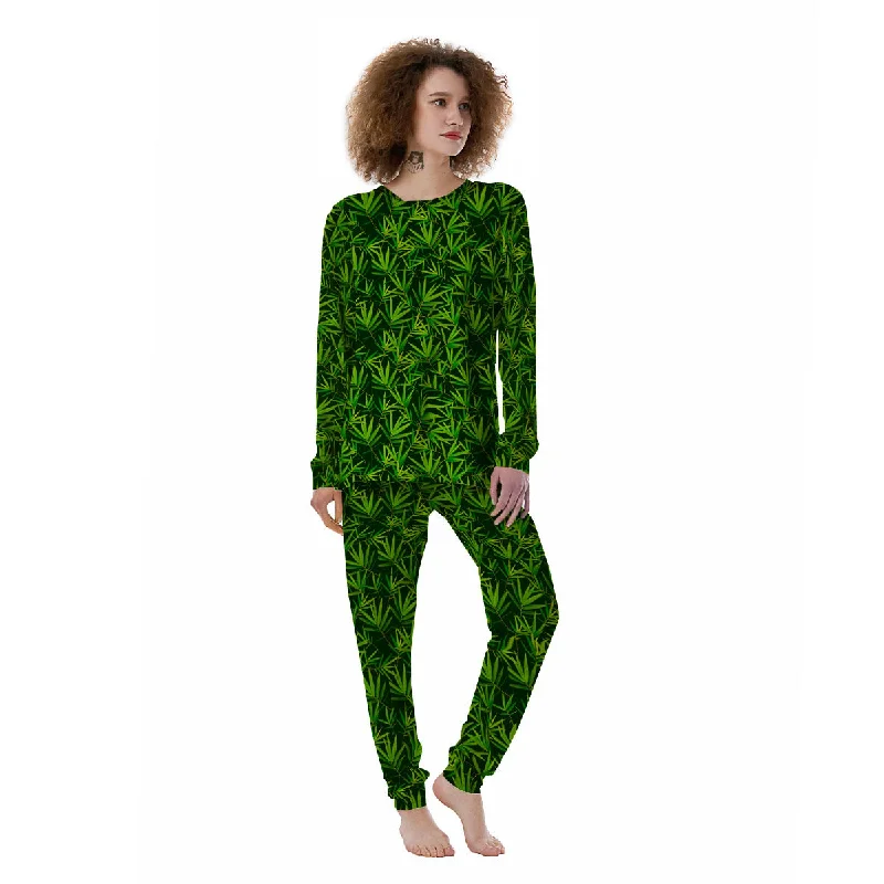 Fleece pajama setsBamboo Leaf Green Print Pattern Women's Pajamas Fleece pajama sets