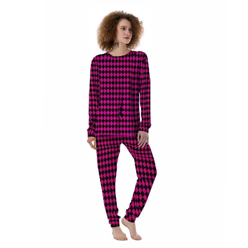 Two-piece pajama setsBlack Argyle And Deep Pink Print Pattern Women's Pajamas Two-piece pajama sets