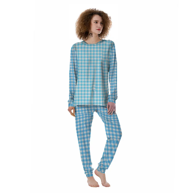 Fleece pajama setsBlue Cyan And White Gingham Print Women's Pajamas Fleece pajama sets