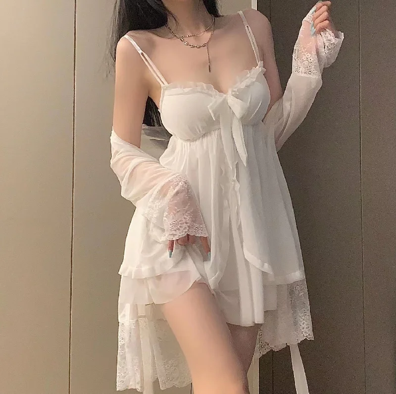 High-end pajama setsWhite Bow Front Mesh Slip Lingerie Dress High-end pajama sets