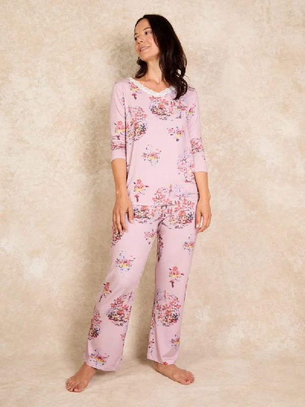 Cotton pajama setsWomens Jersey Lace Trim Pyjamas Pink Peace Garden Cotton pajama sets