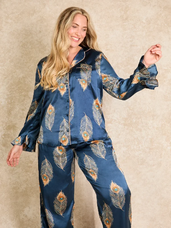 Victoria’s Secret pajama setsWomens Satin Frill Pyjamas Navy Gold Peacock Feather Victoria’s Secret pajama sets