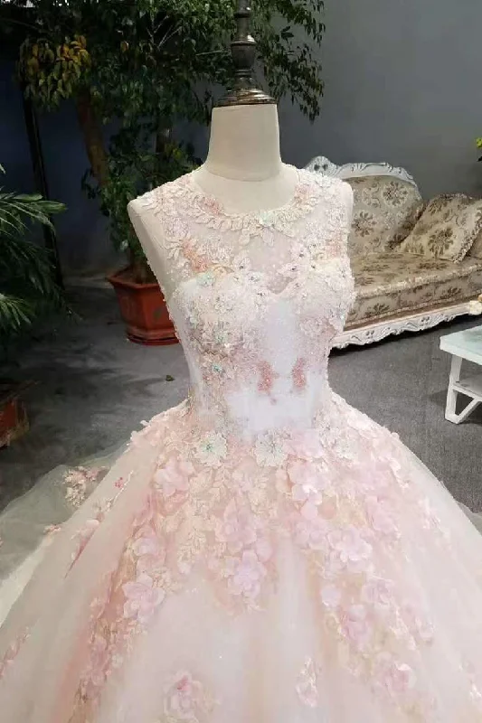 Handmade wedding dressesAwesome Floral Wedding Dress Shiny Tulle Scoop Lace Up With Beads Handmade Flowers Full Skirt Gown