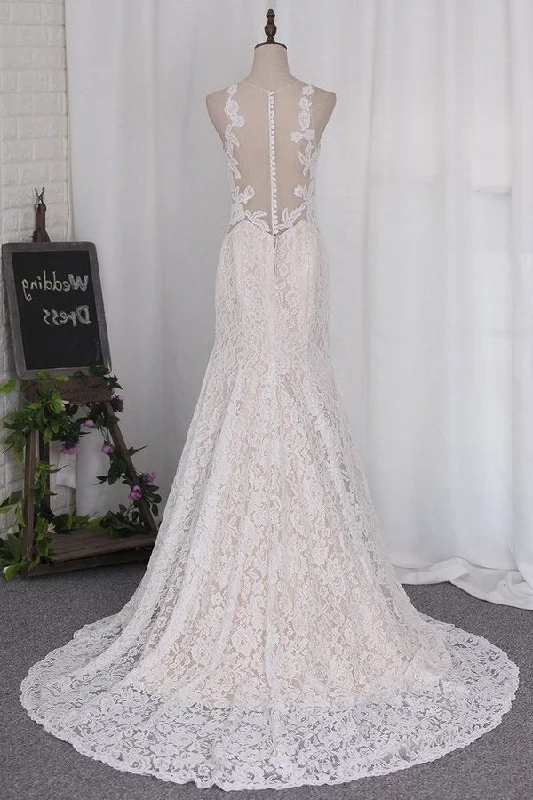 Best wedding dresses for modern brides2024 New Arrival Wedding Dresses Mermaid Scoop Lace With Applique PED258AN Chic Bridal Gown