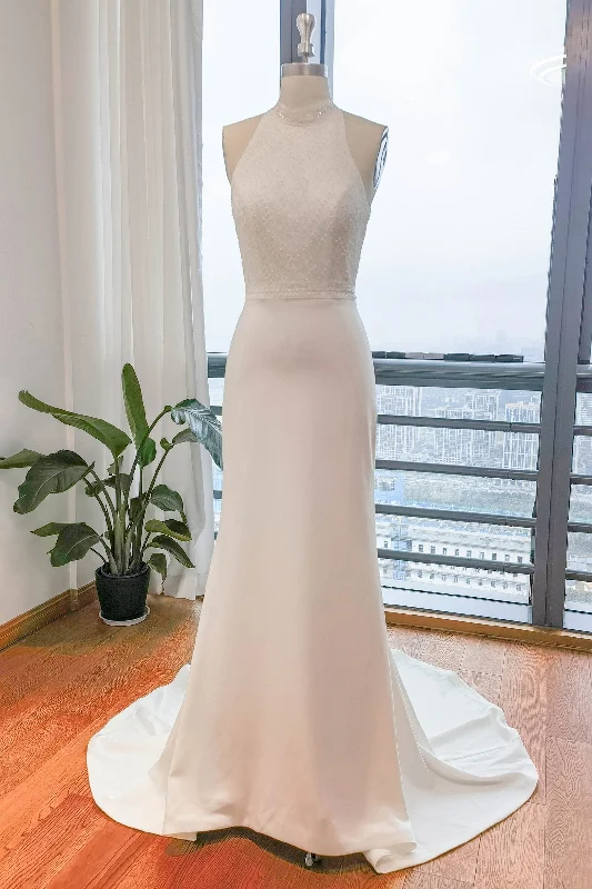 Short sleeve wedding dressesA-Line Sweep-Brush Train Satin Wedding Dress CW3105 Soft Lace Gown