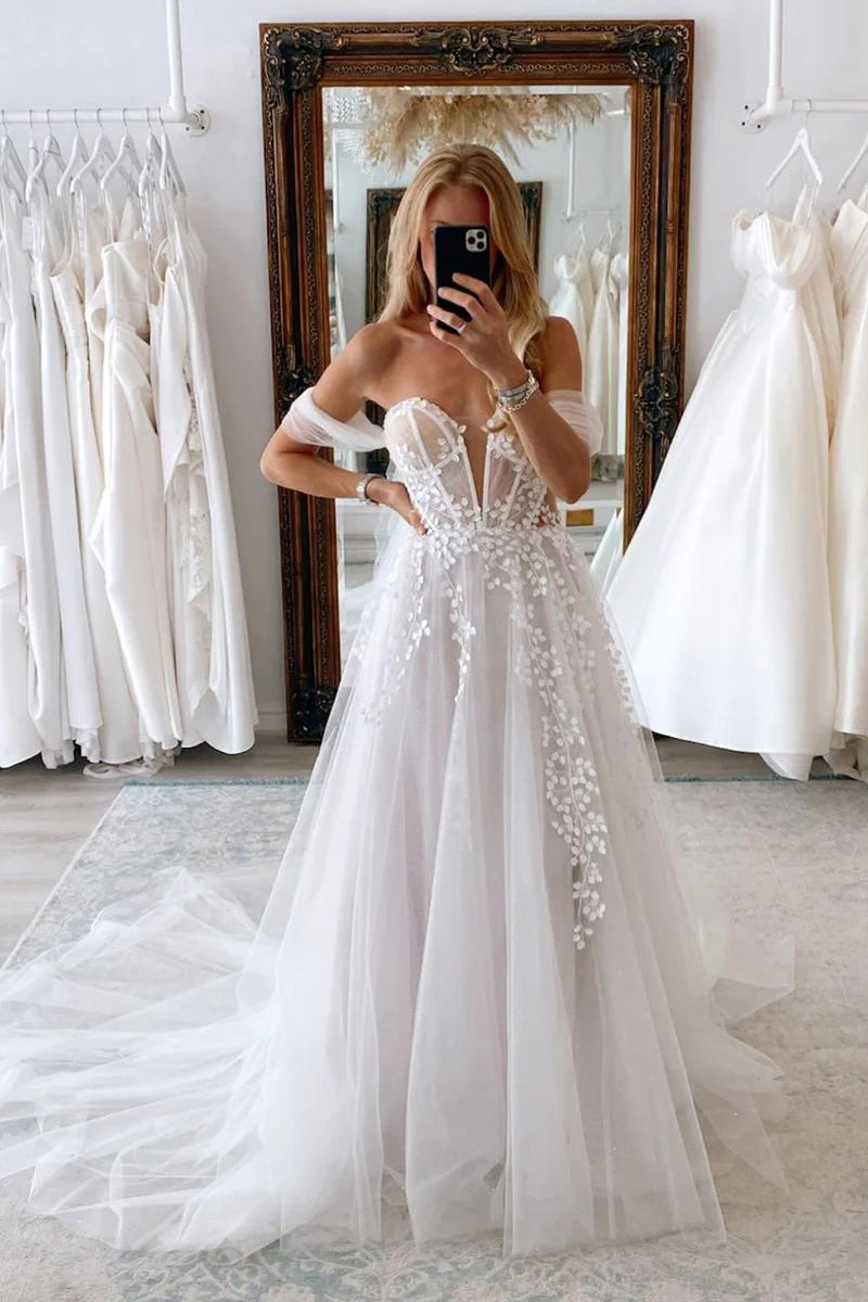 Traditional wedding dressesA-Line Sweetheart Tulle Appliques Wedding Dresses Modern Bridal Gown