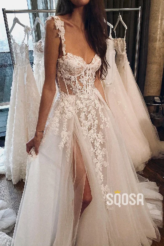 Halter wedding dressesDouble Straps Lace Appliques Bohemian Wedding Dress Bridal Gown QW0845 A-line Wedding Gown