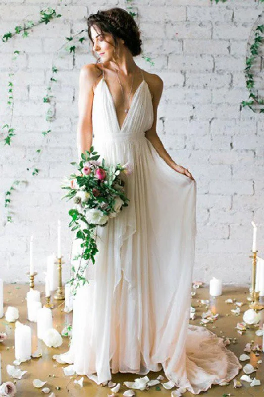 Silk wedding dressesBackless Deep V-neck Sweep Train Beach Wedding Dress With Straps N24 Mermaid Wedding Gown