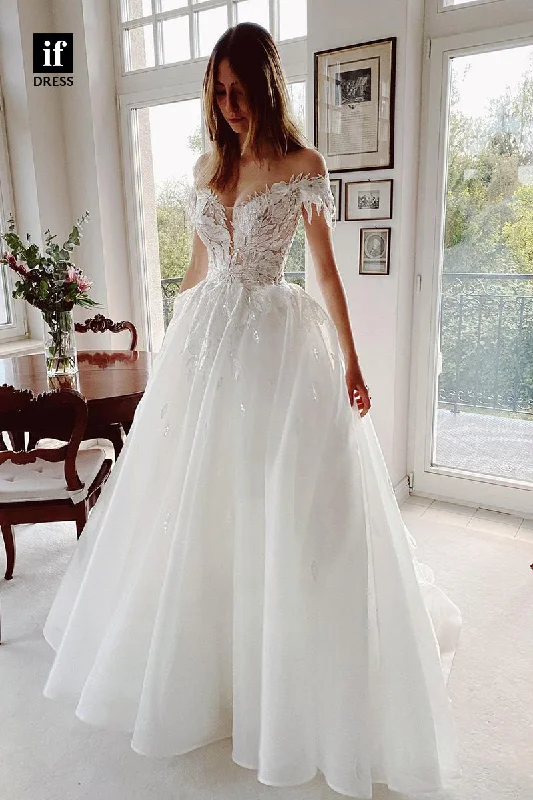 Chic wedding dresses31613 - Modern A-Line Off-Shoulder Cap Sleeves Tulle Beach Wedding Dress Floral Wedding Gown