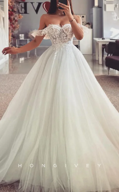 High-low wedding dressesH1686 - Tulle A-Line Off-Shoulder Sheer Lace Applique With Train Wedding Dress Wedding Dress Style