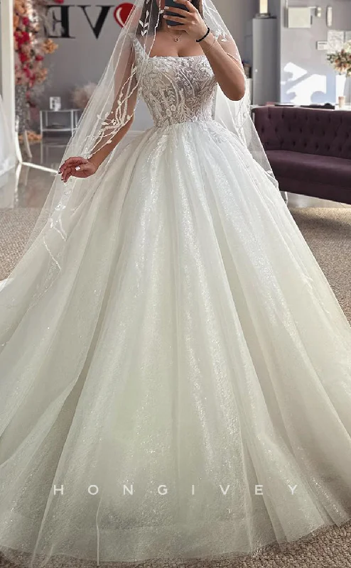 Best wedding dresses for tall bridesH1688 - Tulle A-Line Square Appliques Sheer Glitter Wedding Dress Off-shoulder Bridal Gown