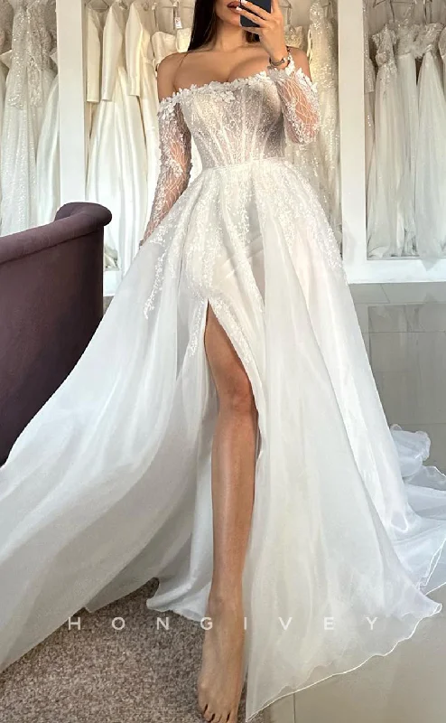 Simple wedding dressesH1687 - Off-Shoulder Long Sleeve Lace Applique With Side Slit Wedding Dress Satin Bridal Gown