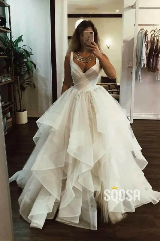 Romantic lace wedding dressesBall Gown Double Straps V-neck Rustic Wedding Dress Bridal Gown QW2223 Lace Wedding Gown