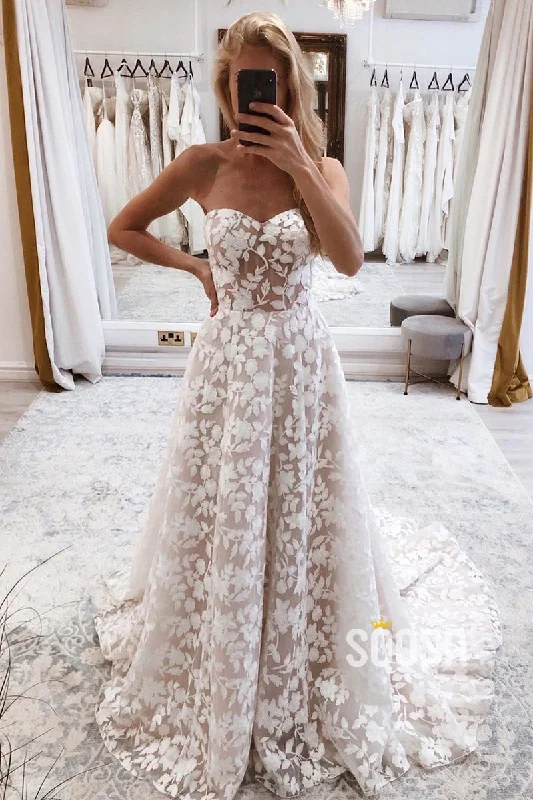 High-end wedding dressesA-line Romantic Lace Wedding Dress Rustic Bridal Gown QW2502 Floral Bridal Gown