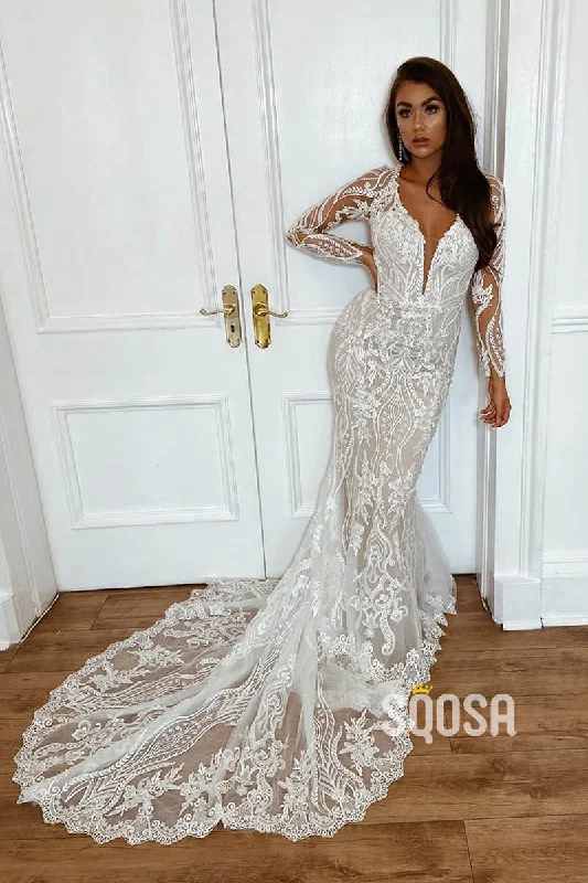 Sexy wedding dressesPlunging V-neck Exquisite Champagne Lace Wedding Dress Long Sleeves Wedding Gown QW2558 A-line Bridal Dress