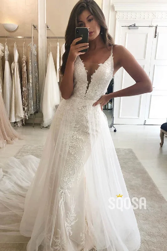 Velvet wedding dressesPlunging V-neck Spaghetti Straps Lace Wedding Dress Bridal Gown QW2559 Princess Wedding Dress