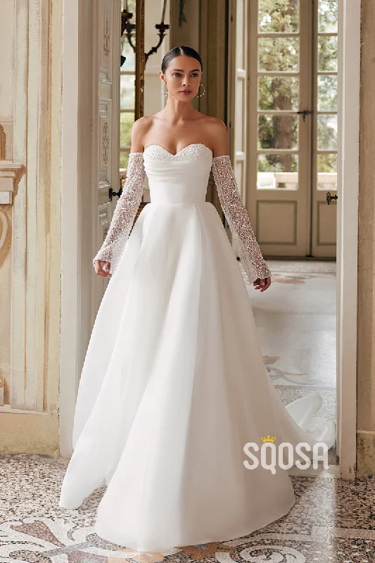 BHLDN wedding dressesA-Line Strapless Pearls Casual Wedding Dress Bridal Gowns With Train QW8080 Lace V-neck Dress