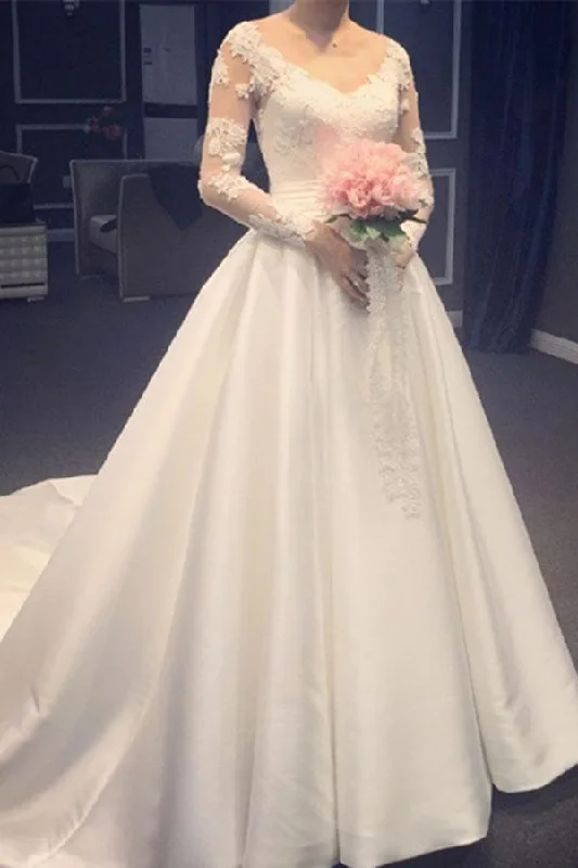 Wedding dresses under $1000Elegant A Line V-Neck Appliques Long Sleeves Wedding Dress With Chapel Train N1227 Elegant A-line Gown