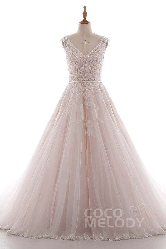 One-shoulder wedding dressesA-Line Court Train Lace and Tulle Wedding Dress LD4395 Beautiful Lace Gown