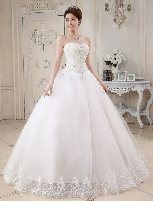 Wedding dresses with trainsPrincess Wedding Dresses Ivory Ball Gown Bridal Dress Strapless Sweetheart Neck Lace Beaded Pleated Wedding Gown Romantic Satin Dress