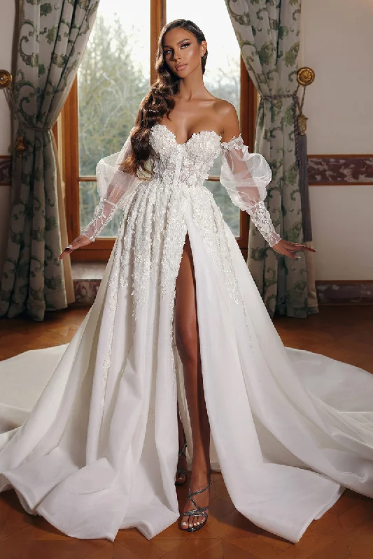 Chiffon wedding dressesA line Sweetheart Lace Appliques Long Sleeves Rustic Wedding Dress with Slit QW0930 Boho Wedding Gown