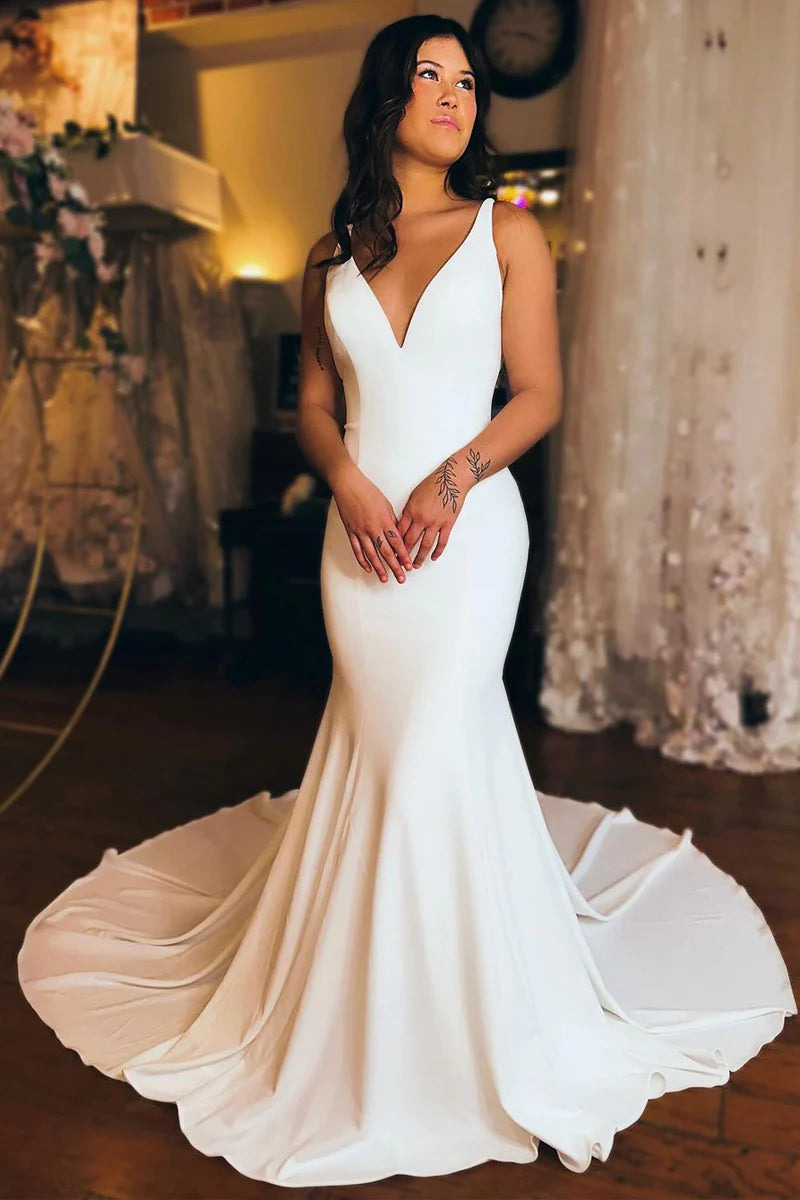 Designer wedding dressesSimple Mermaid V Neck White Satin Wedding Dresses Simple Wedding Gown