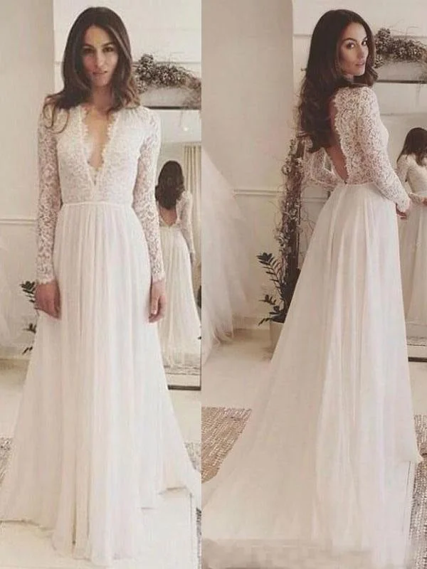 Off-shoulder wedding dressesSimple Wedding Dress Chiffon V Neck Long Sleeves Lace A Line Bridal Dresses With Train Full Length Gown