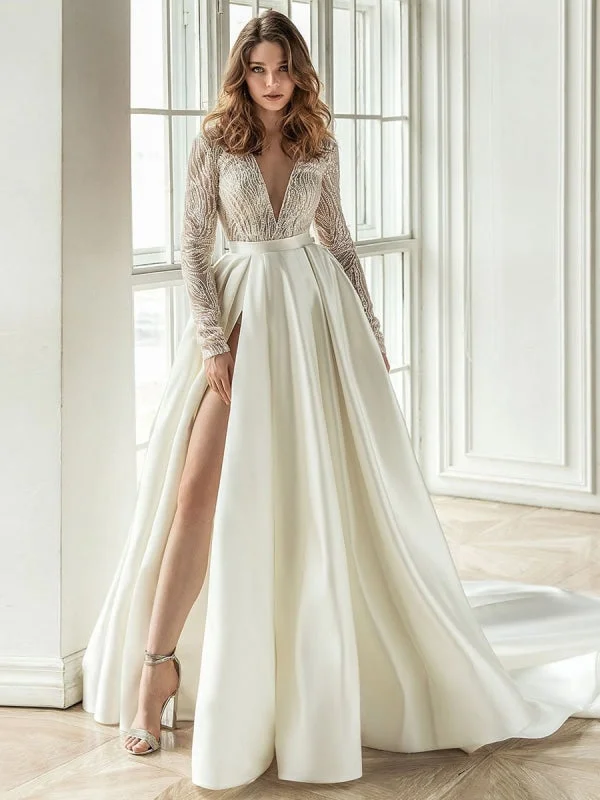 Wedding dresses with pocketsSimple Wedding Dress With Train A Line V Neck Long Sleeves Lace Bridal Dresses Satin Lace Gown