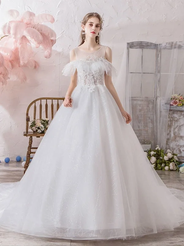 Princess wedding dressesWedding Dress Princess Silhouette Jewel Neck Short Sleeves Natural Waist Cathedral Train Bridal Dresses Beaded Wedding Gown