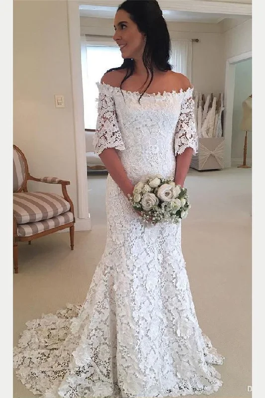 Best wedding dresses for curvy bridesWhite Off the Shoulder Lace Wedding Dress Half Sleeves Sweep Train Lace Bridal Dress N1120 Satin Wedding Dress