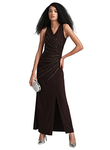 Minimalist maxi dressesKazo Embellished Polyester Blend V Neck Women's Maxi Dress (Brown,Extra Small) Edgy maxi dresses